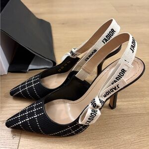Dior Jadior Black and Cream Plaid Slingback Heels